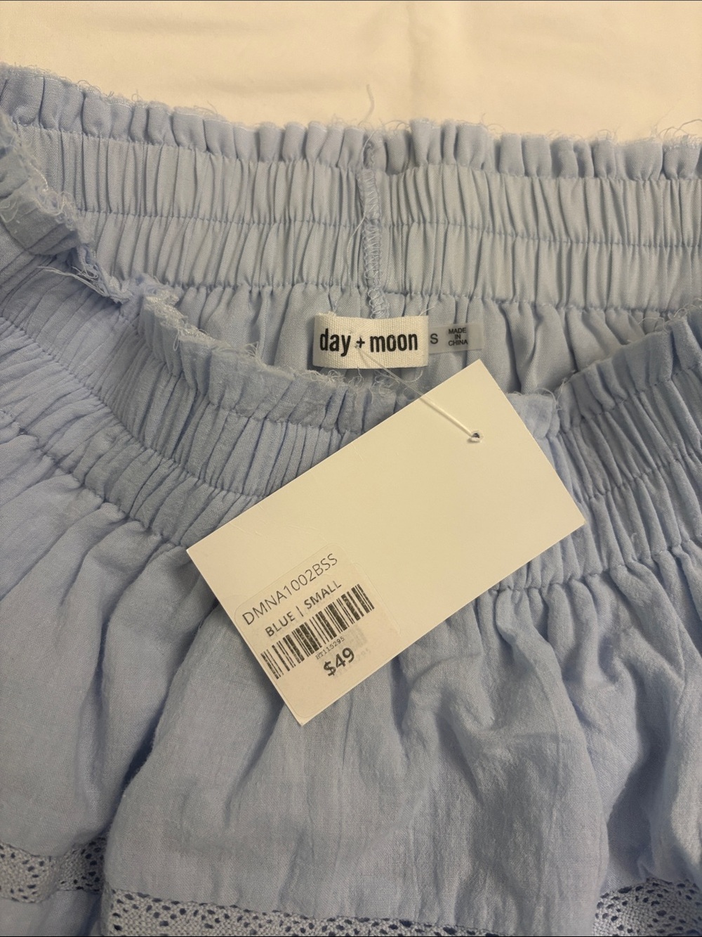 Smocked Waist Light Blue Lace-Trim Mini Skirt - Picture 3 of 4